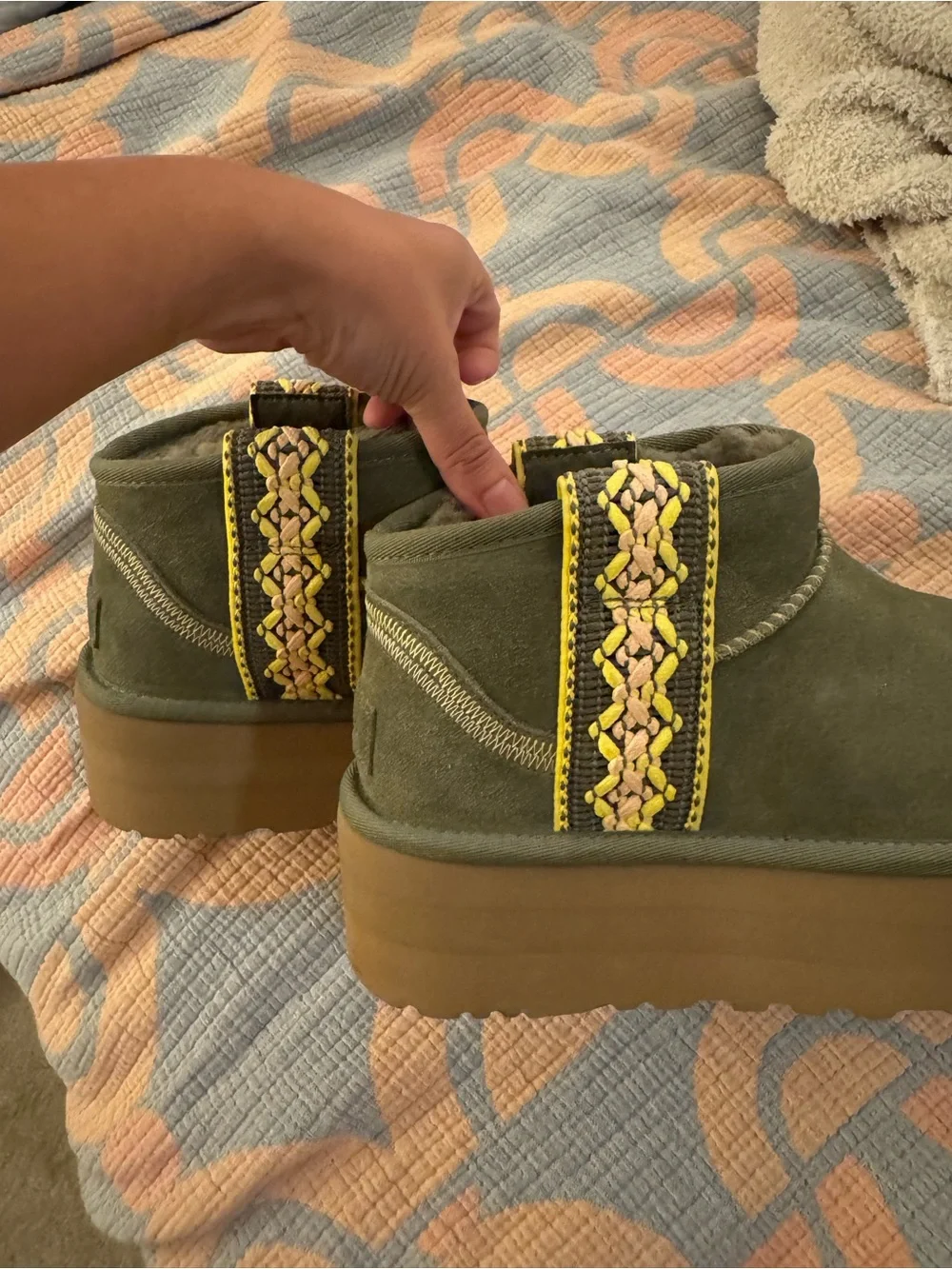 UGG Classic Ultra Mini Platform Boot - Olive with Yellow & Pink Trim